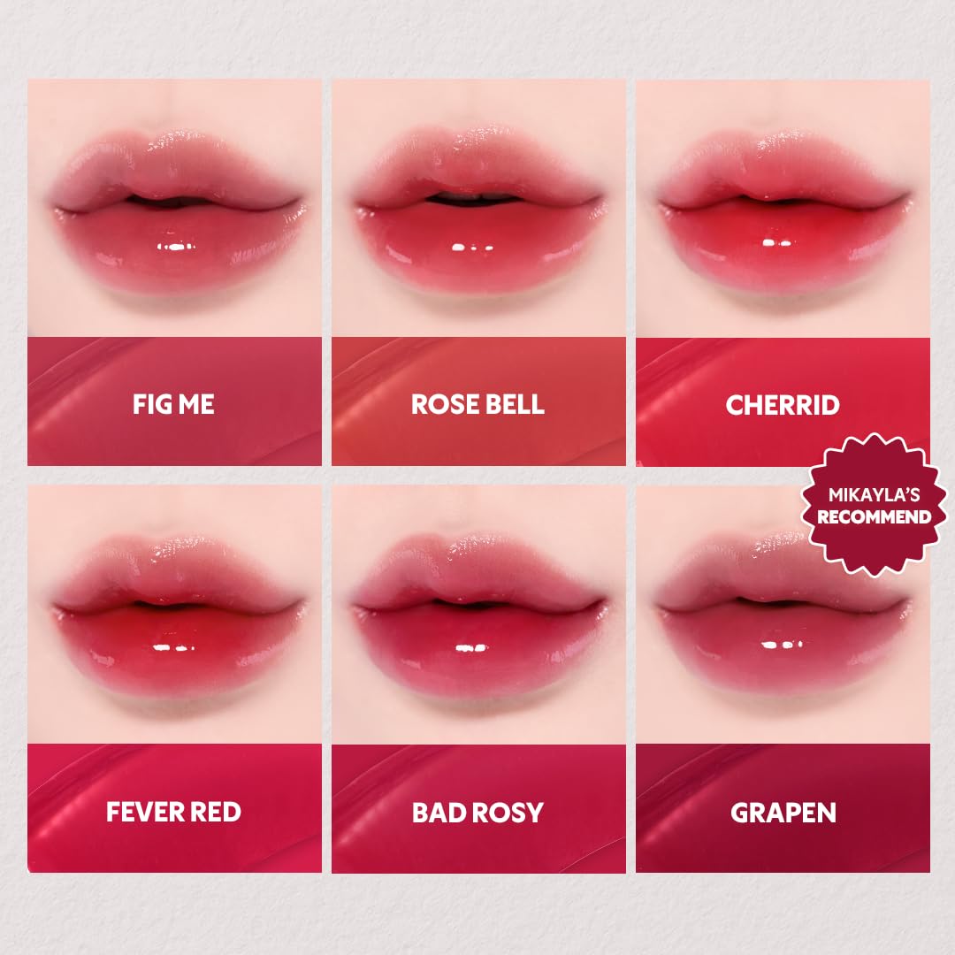 Seis primeros planos de labios con diferentes tonos de Bemba. TIRTIR Waterism Glow Mini Tinta: perfecto para labios secos. Colores brillantes mostrados: Fig Me, Rose Bell, Cherrid (¡Recomendado por Mikayla!), Fever Red, Bad Rosy y Grapen.