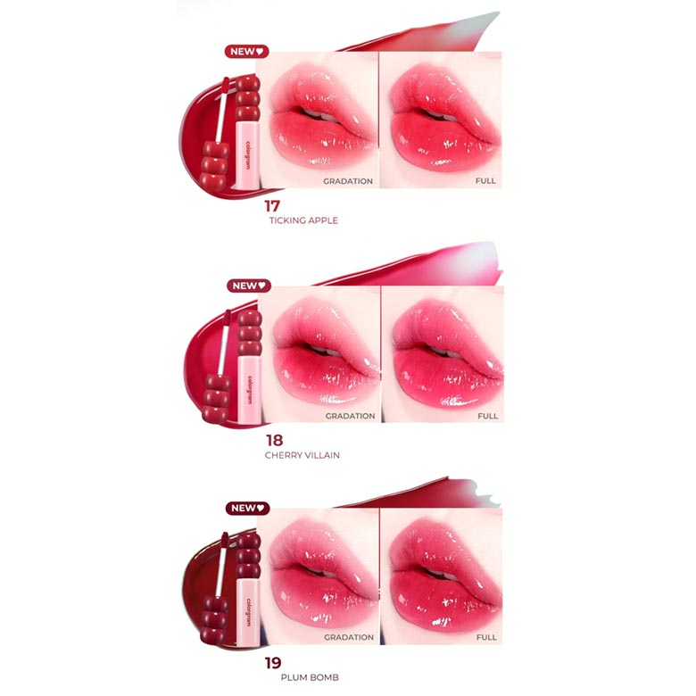 Tres tonos de Bemba. Colorgram Fruity Glass Tint Red Bomb ofrecen labiales suaves y vibrantes: 17 Ticking Apple, 18 Cherry Villain y 19 Plum Bomb, mostrados en primer plano con acabados degradados y de cobertura completa.