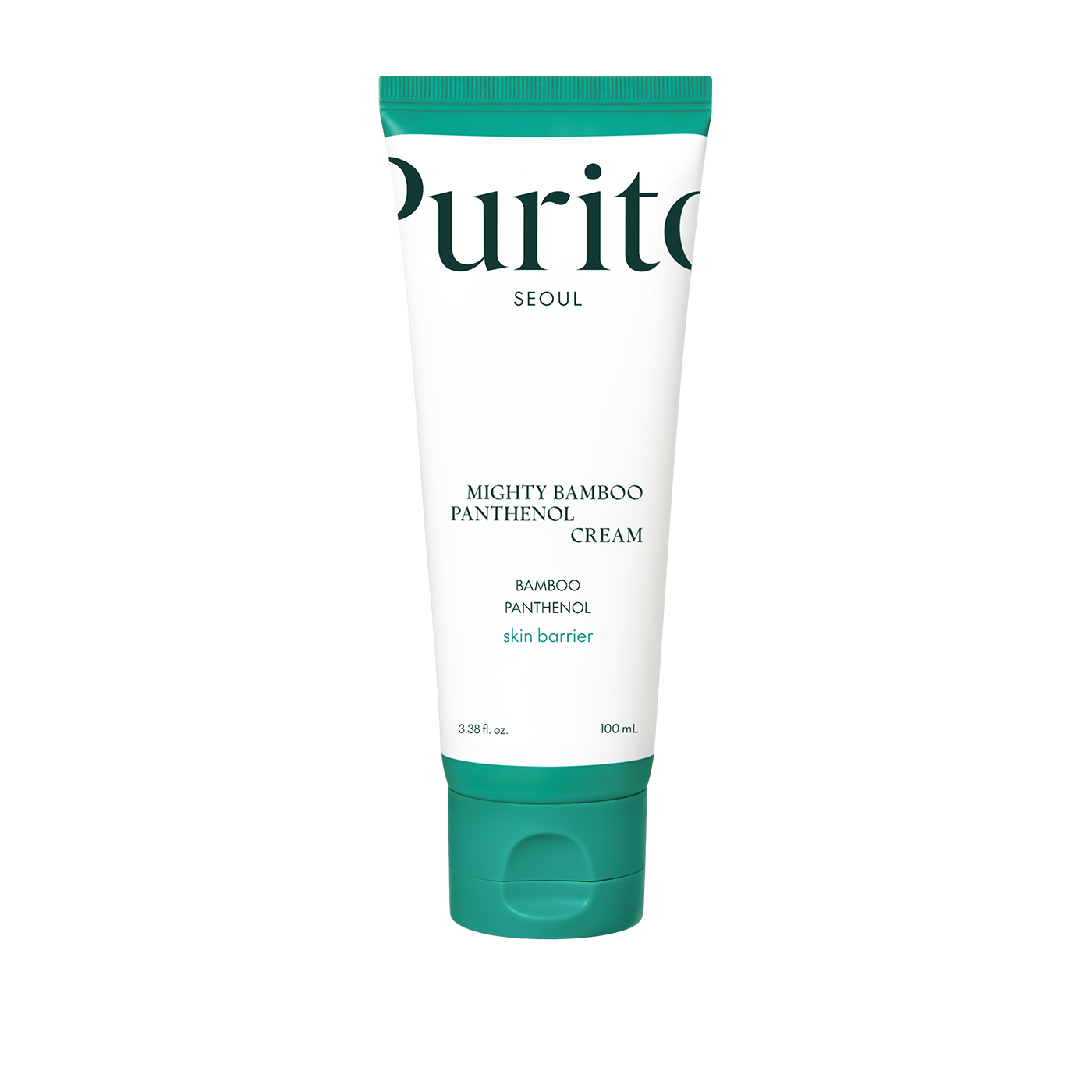 Un tubo de Bemba. Purito Mighty Bamboo Panthenol Cream, una crema hidratante para piel seca, con cuerpo blanco, detalles verdes y texto, se encuentra vertical sobre un fondo blanco.