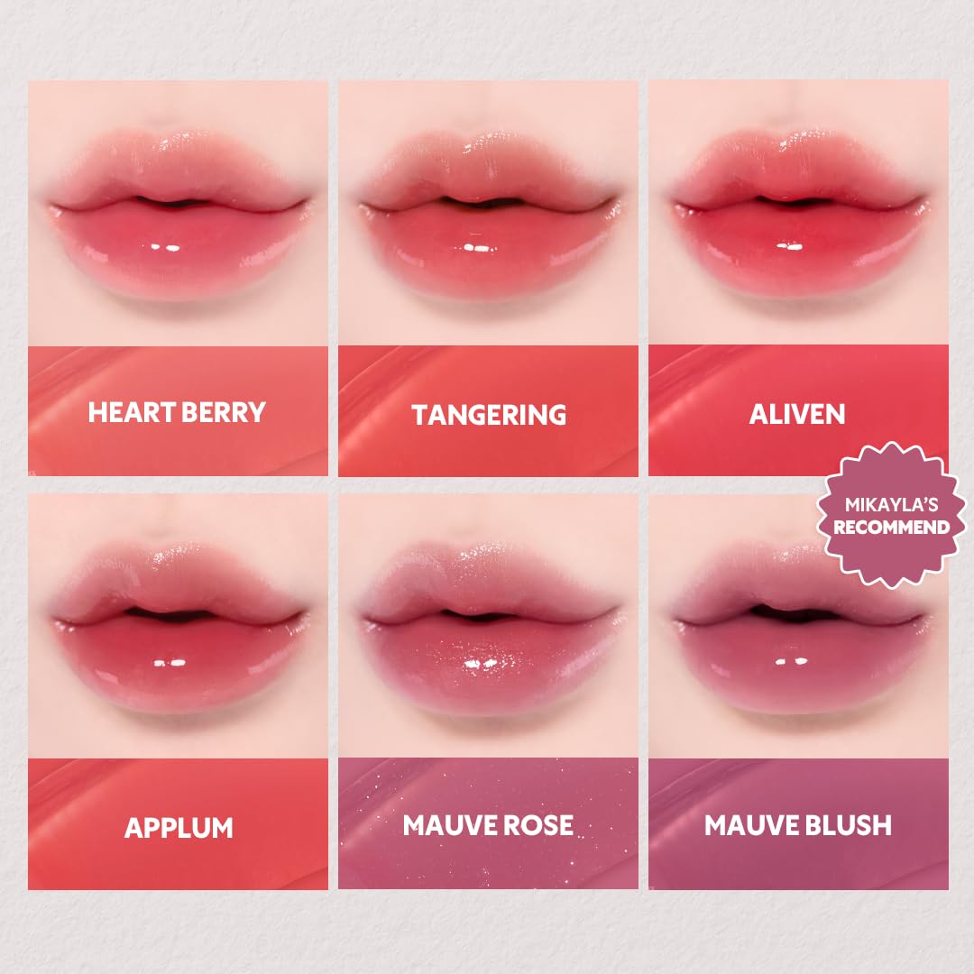 Seis primeros planos de labios con Bemba. TIRTIR Waterism Glow Mini Tinta en Heart Berry, Tangering, Aliven (recomendado por Mikaylas), Applum, Mauve Rose y Mauve Blush: tintes labiales hidratantes ideales para labios secos.