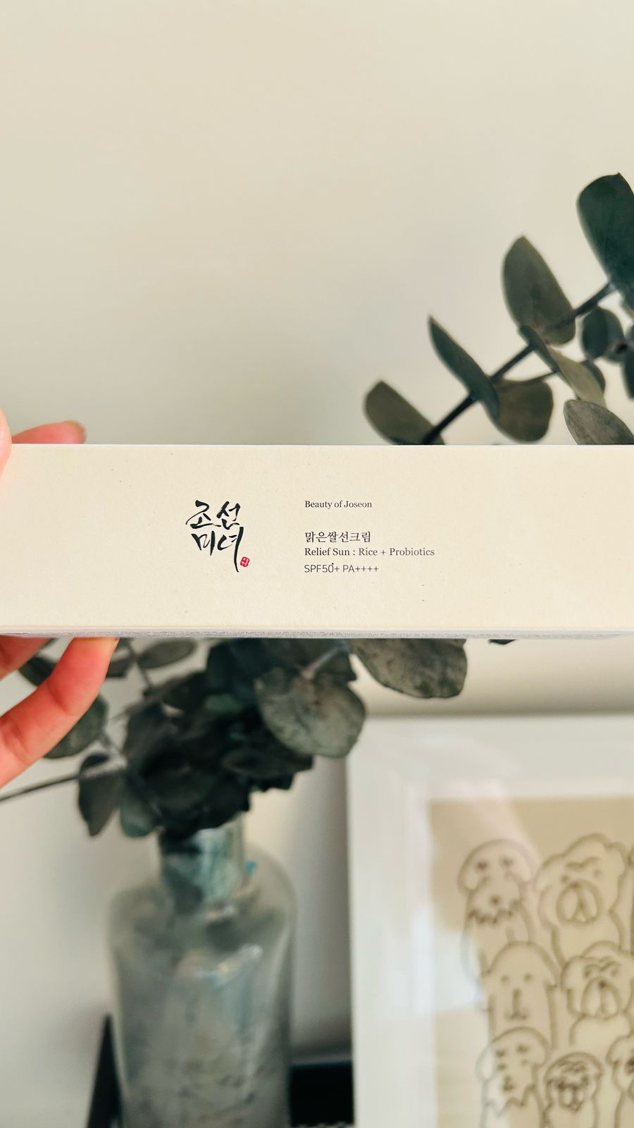 Una mano sostiene una caja rectangular etiquetada como Bemba. Beauty of Joseon Relief Sun: Rice + Probiotics SPF50+ PA++++, un protector solar con extracto de arroz y probióticos, frente a un fondo difuminado con vegetación y obras de arte enmarcadas.
